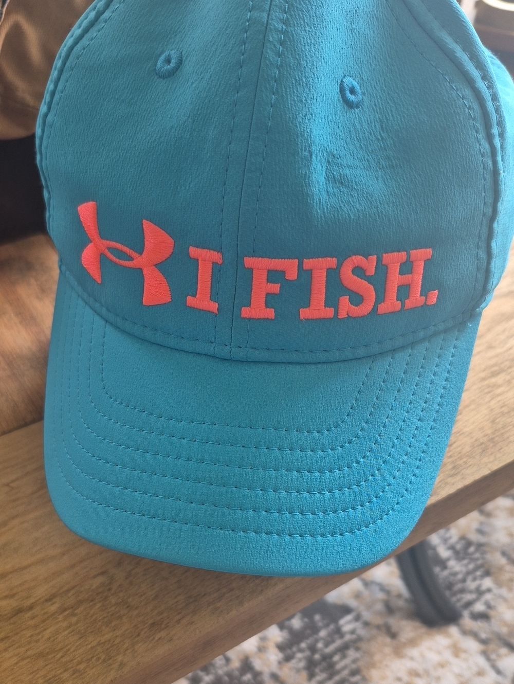 Under Armour Turquoise Hat with Coral Embroidered 'I FISH.' NWOT